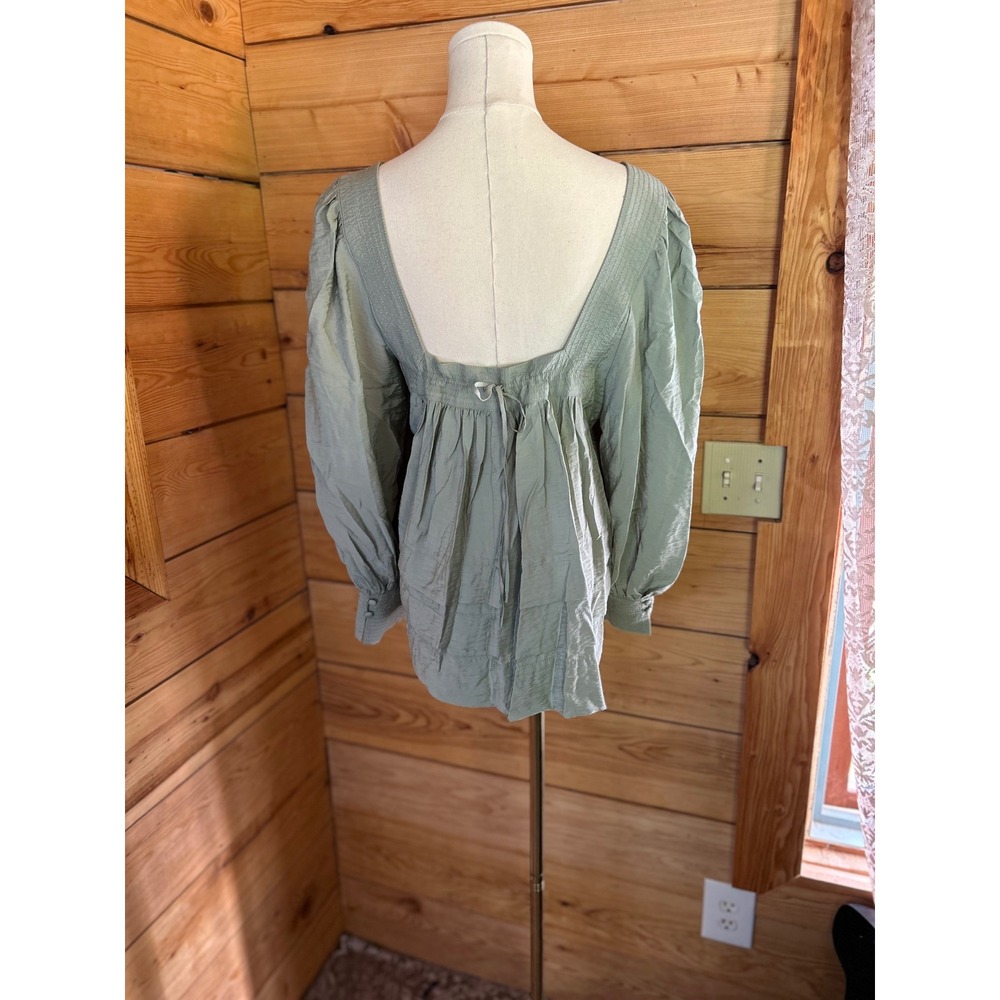 Maeve Sutton Smocked Blouse Women Small Sage Green Square Neck Bishop Sleeve Top - Picture 4 of 7
